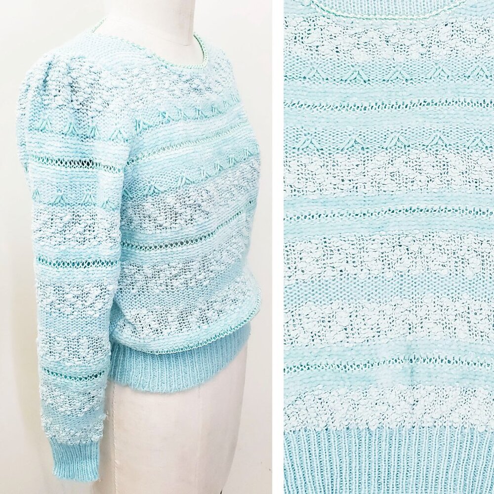Donagain Vintage Womens 80s Light Turgoise Blue Sweater Puff Sleeves S/M